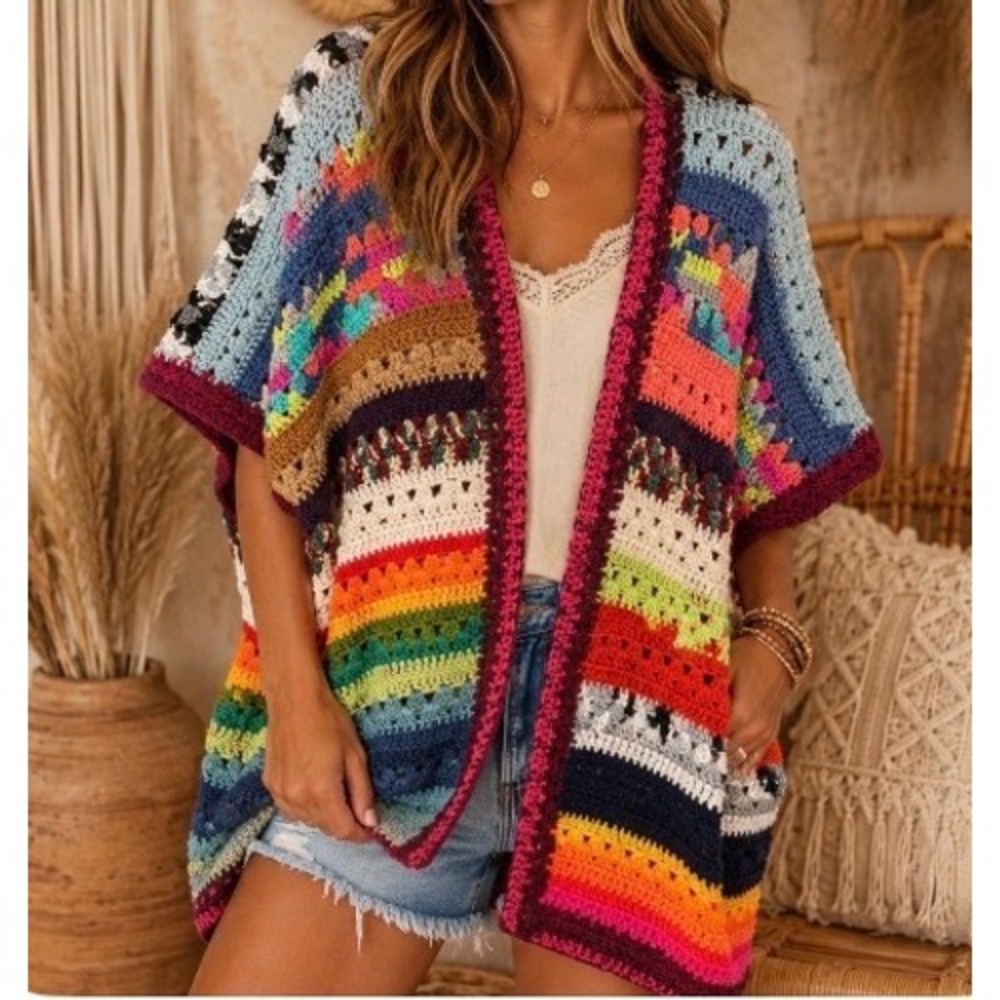 Handmade Crochet Knit Cardigan Poncho Multi Color Yarn Boho Open Front Sweater